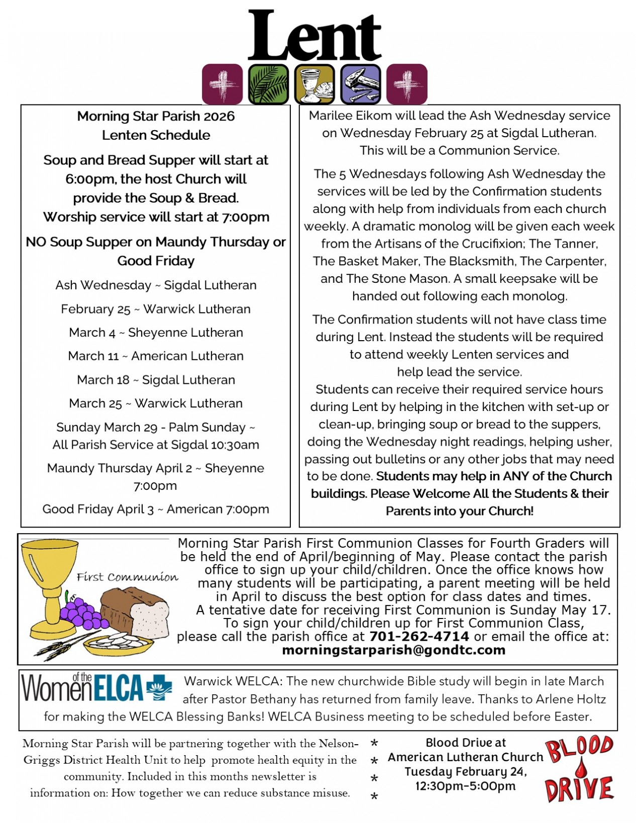 Newsletter page 2 information about events and church worship times