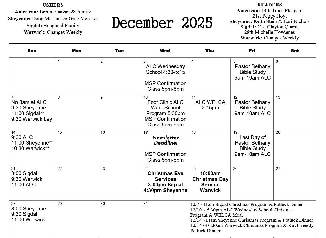 Church Calendar of Events for February 2019
